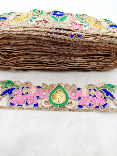 Cutwork Lace Trim With Intricate Hand Embroidered Elephants In Pink and Zardozi Embroidery, Floral Trims, Sari Border